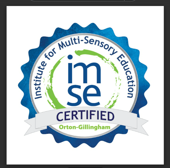 IMSE certified badge for Orton-Gillingham, blue seal with green and white text.